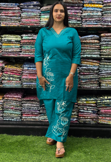 EMBROIDERY STRAIGHT KURTI-PLAZO (PURE COTTON)