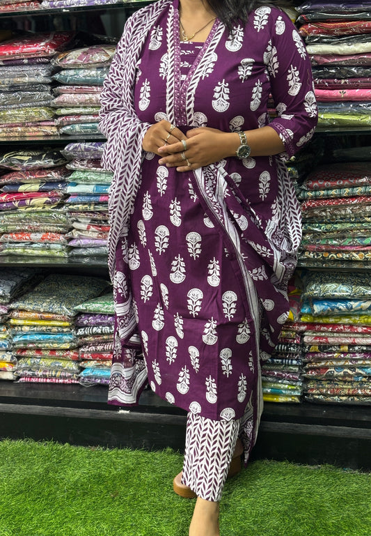 STRAIGHT KURTI-PANT WITH DUPATTA (PURE CAMRIC COTTON)