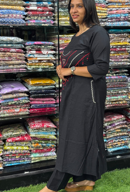 ALINE KURTI-PLAZO (HANDWORK)(PURE CAMRIC COTTON)