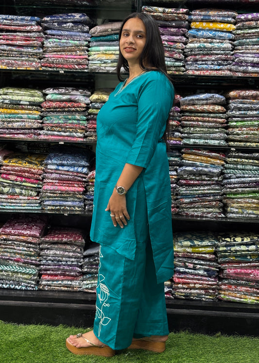 EMBROIDERY STRAIGHT KURTI-PLAZO (PURE COTTON)