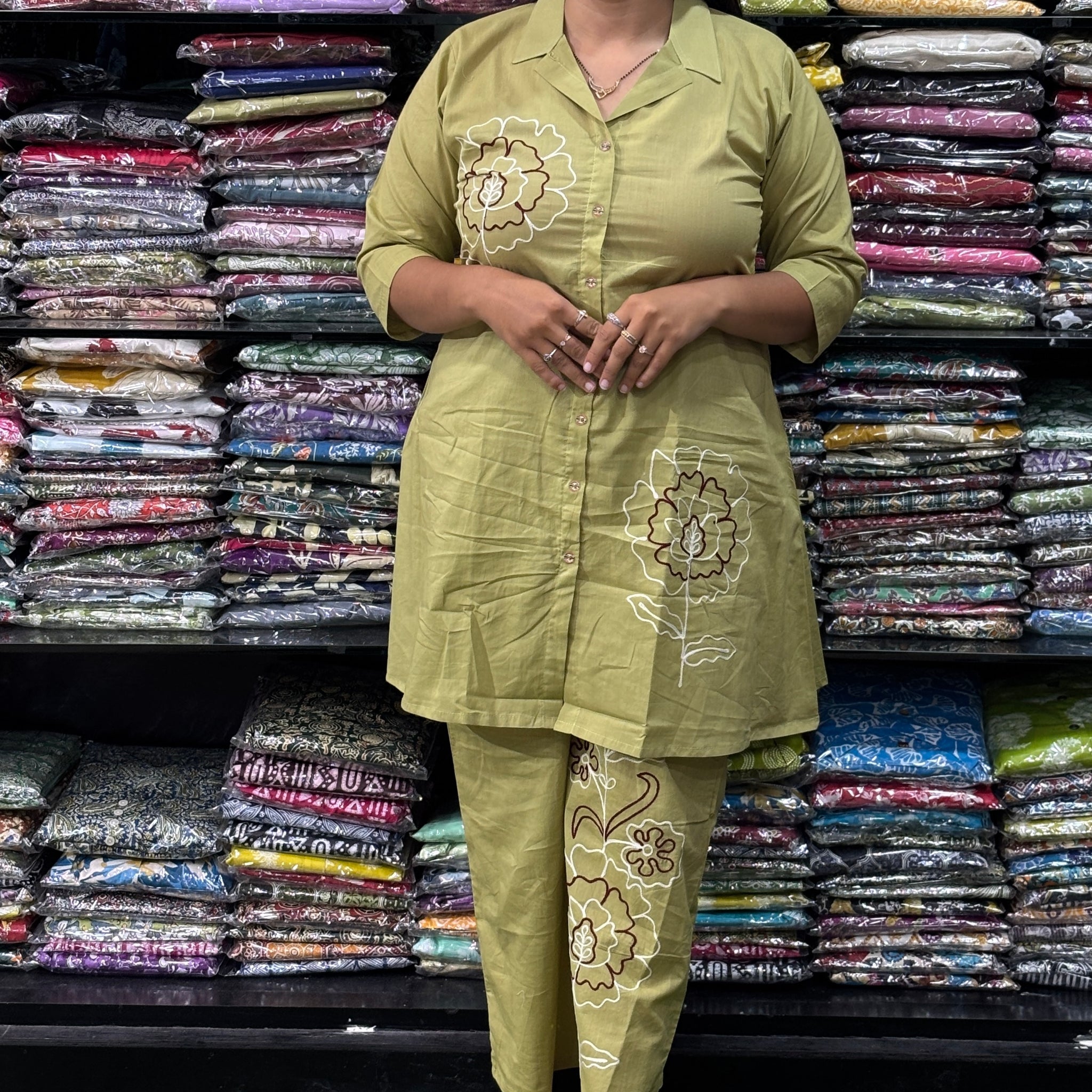 ALINE KURTI-PLAZO (PURE CAMRIC COTTON , HAND EMBROIDERY)