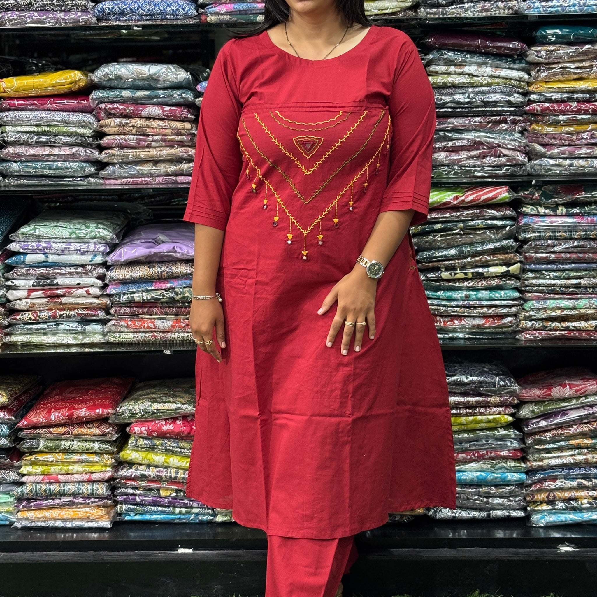 ALINE KURTI-PLAZO (HANDWORK)(PURE CAMRIC COTTON)