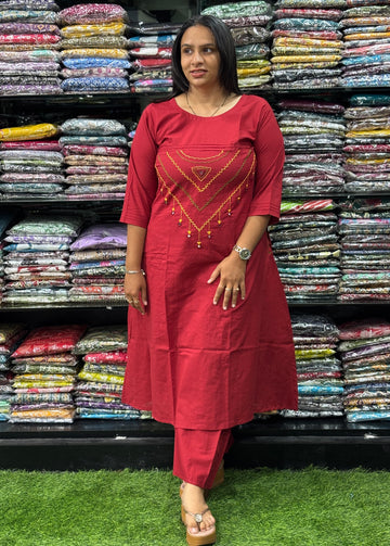 ALINE KURTI-PLAZO (HANDWORK)(PURE CAMRIC COTTON)