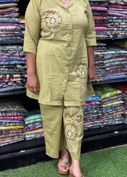 ALINE KURTI-PLAZO (PURE CAMRIC COTTON , HAND EMBROIDERY)