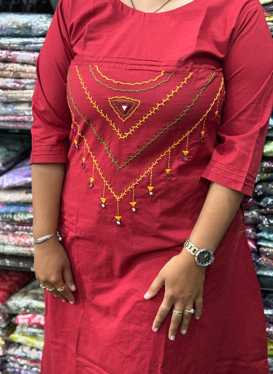 ALINE KURTI-PLAZO (HANDWORK)(PURE CAMRIC COTTON)