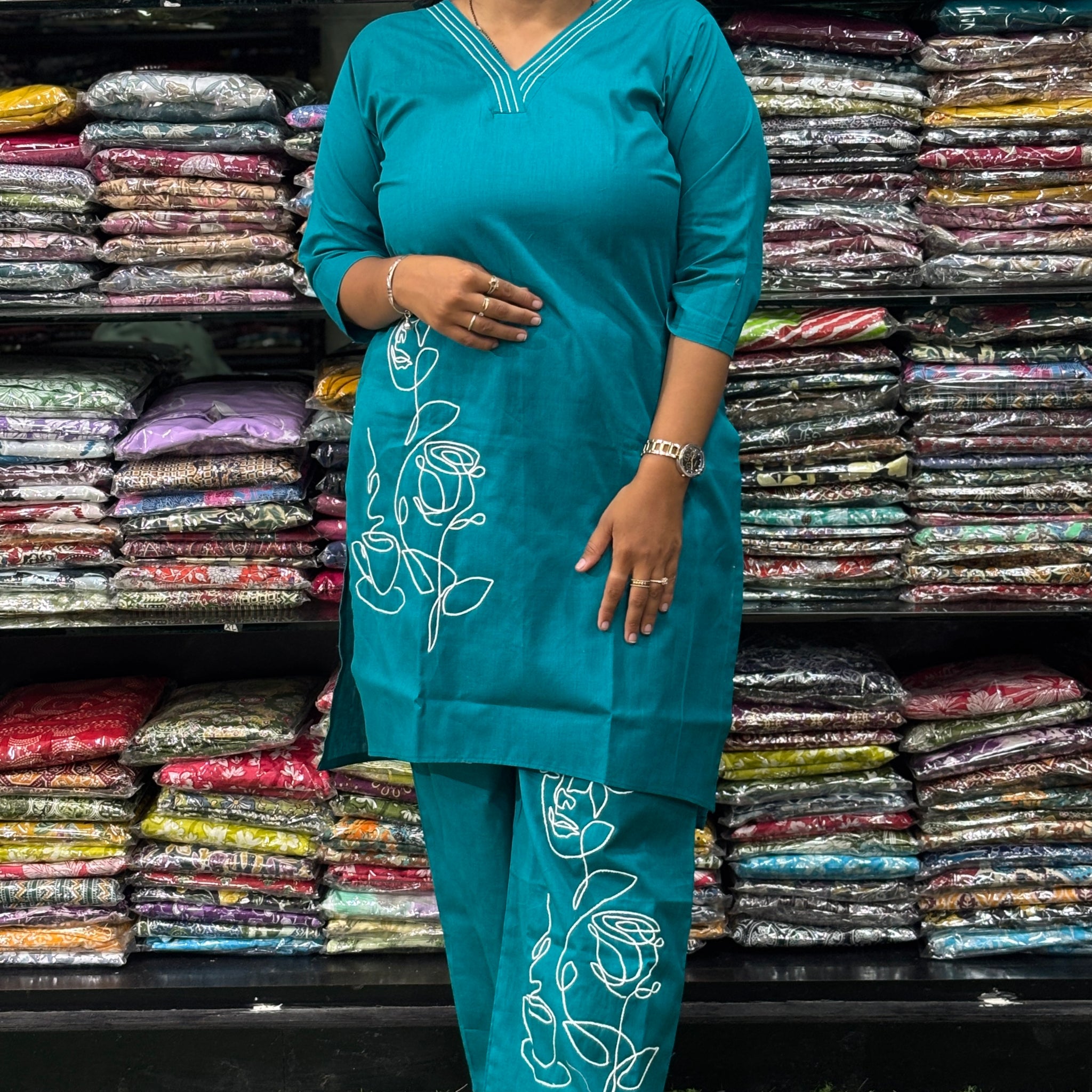 STRAIGHT KURTI-PLAZO (HANDWORK)(PURE FLEX COTTON)