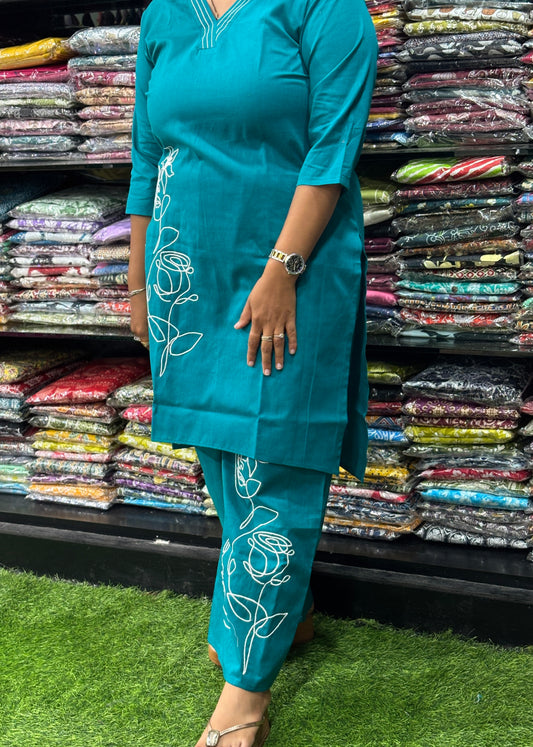 STRAIGHT KURTI-PLAZO (HANDWORK)(PURE FLEX COTTON)