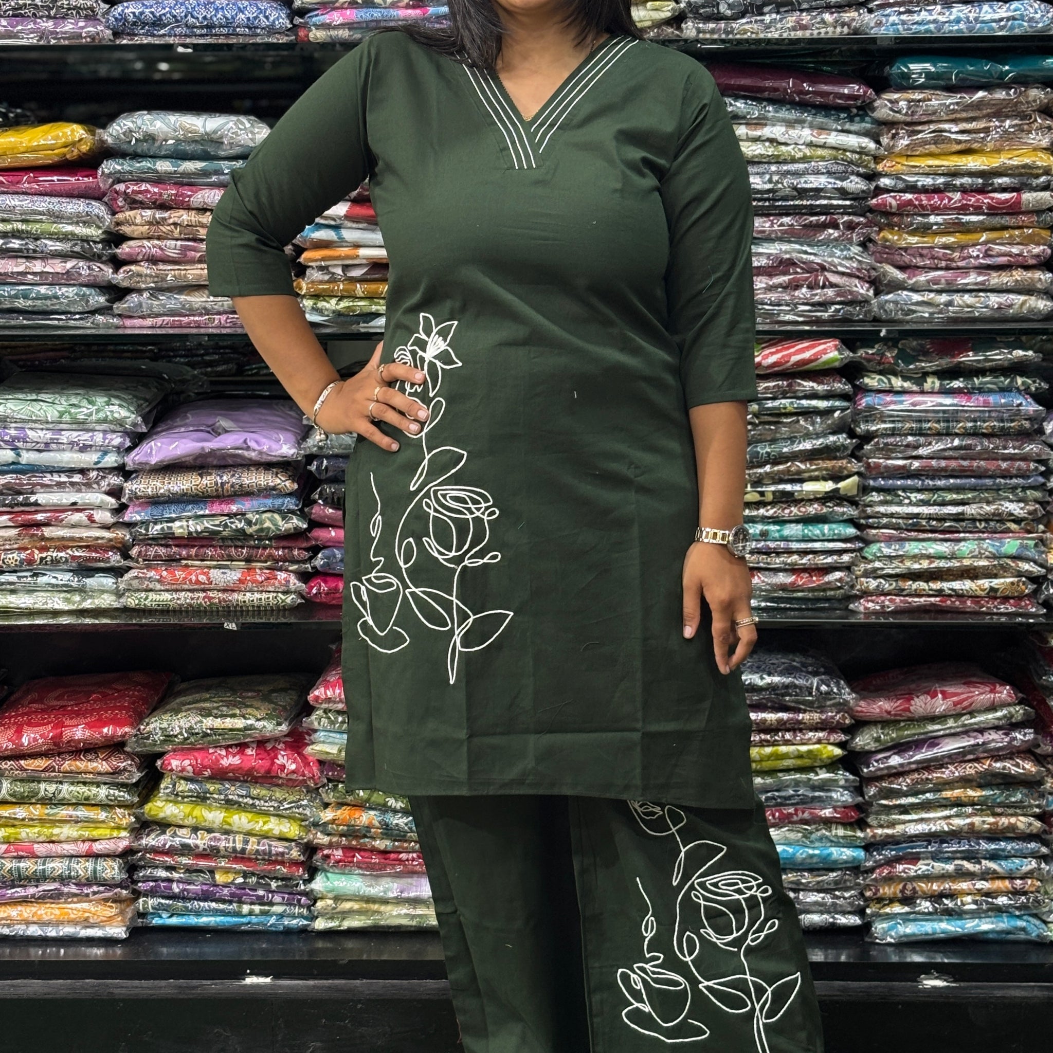 STRAIGHT KURTI-PLAZO (HANDWORK)(PURE FLEX COTTON)