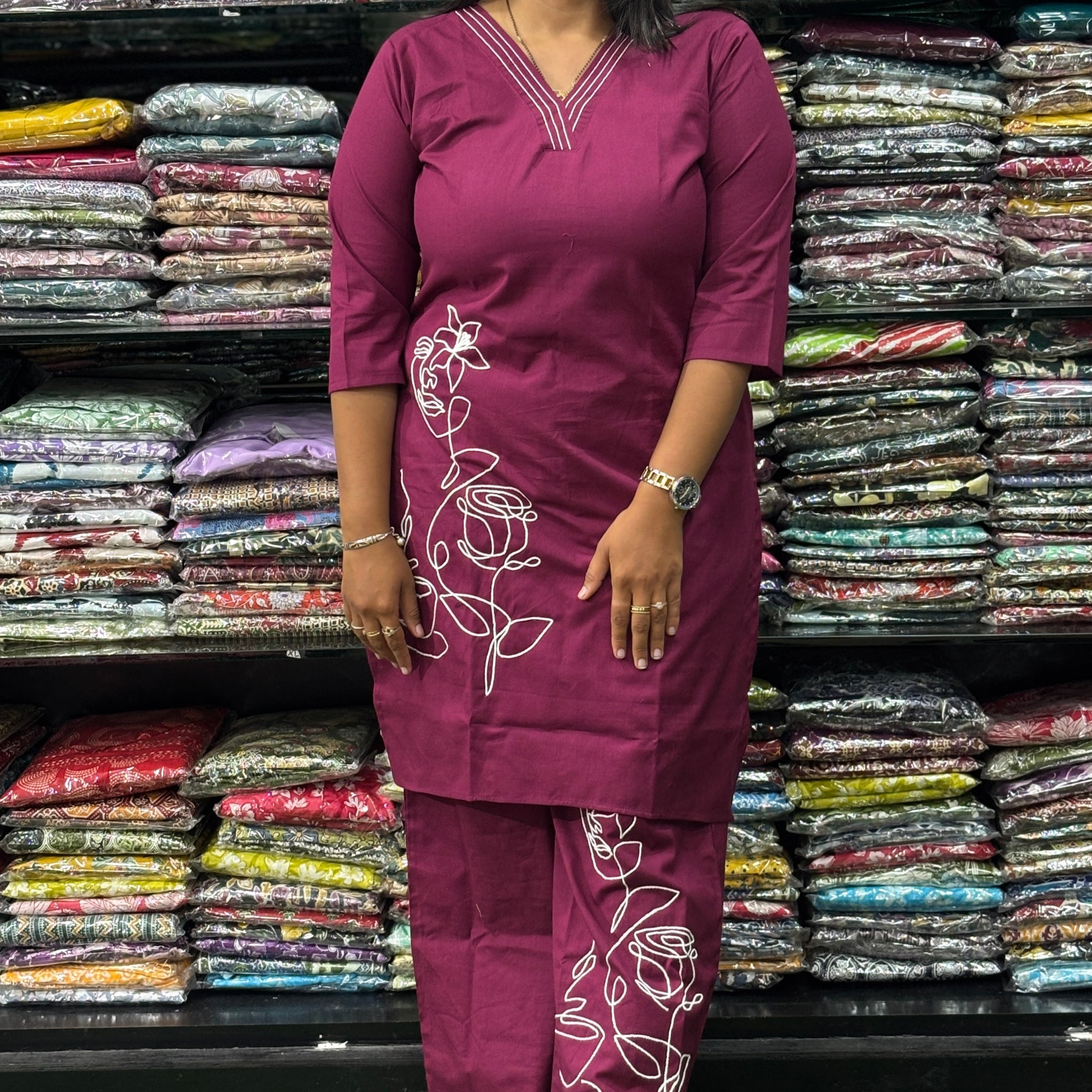 STRAIGHT KURTI-PLAZO (HANDWORK)(PURE FLEX COTTON)