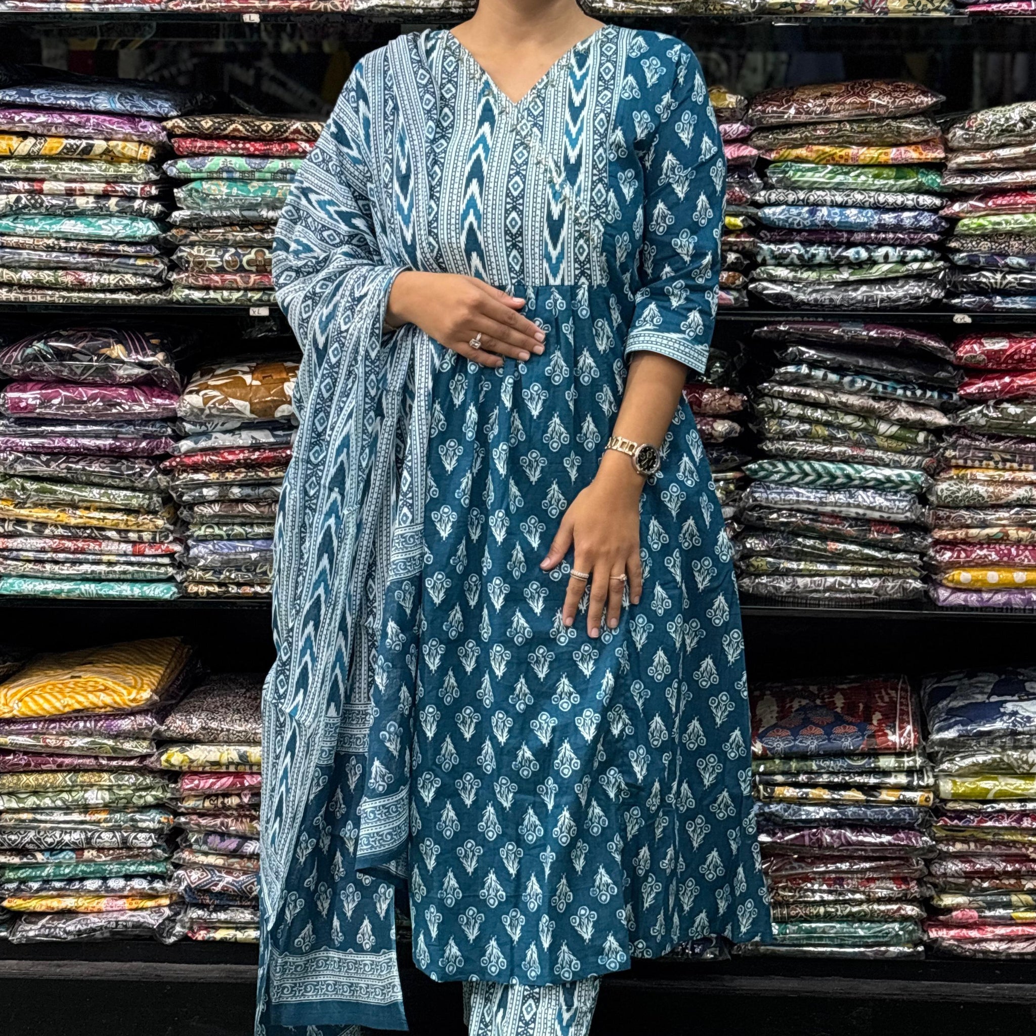 PURE COTTON HANDWORK ALINE KURTI PANT WITH DUPATTA