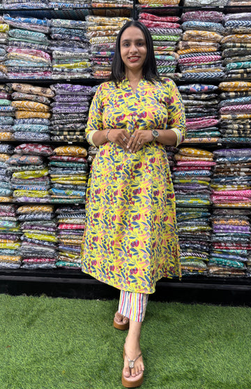 PURE COTTON VNECK ALINE KURTI WITH PANT