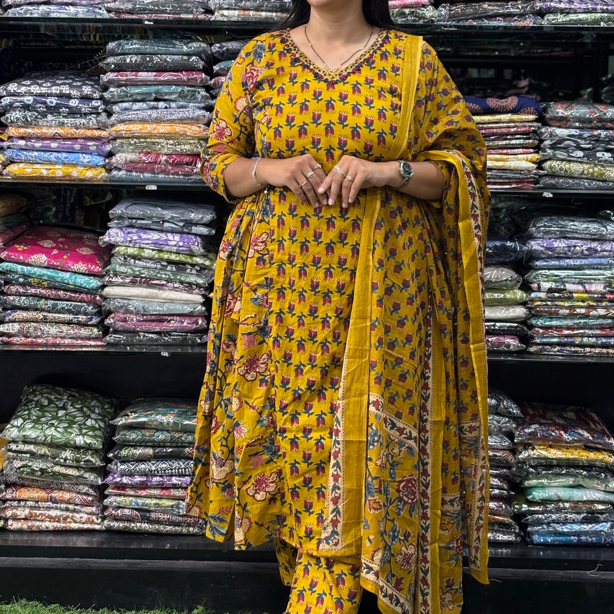 ROUND KURTI-PANT-DUPATTA (PURE CAMRIC COTTON,HALF LINING,HANDWORK)