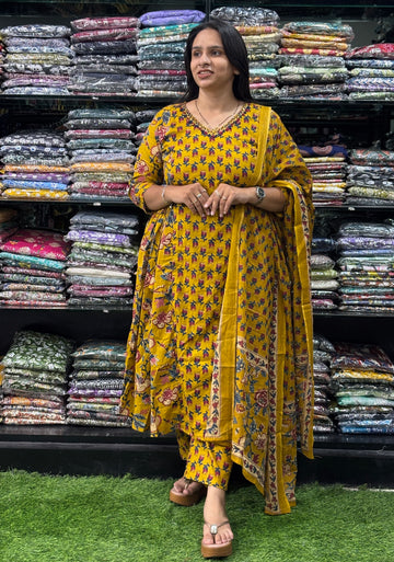 ROUND KURTI-PANT-DUPATTA (PURE CAMRIC COTTON,HALF LINING,HANDWORK)