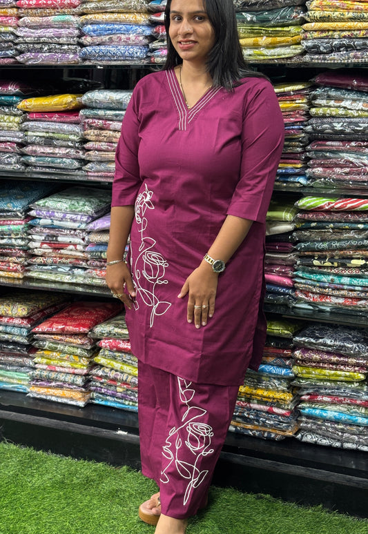 STRAIGHT KURTI-PLAZO (HANDWORK)(PURE FLEX COTTON)