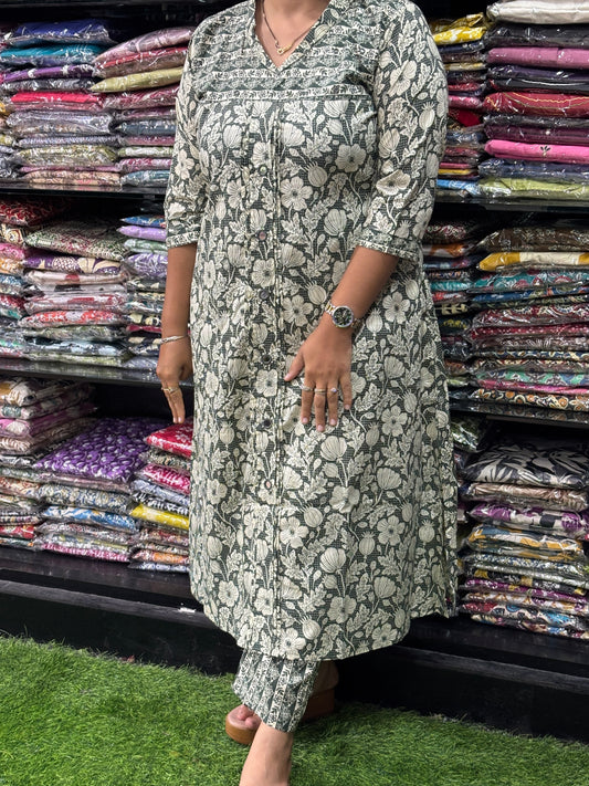 ALINE KURTI-PANT (HANDWORK)(PURE CAMRIC COTTON)