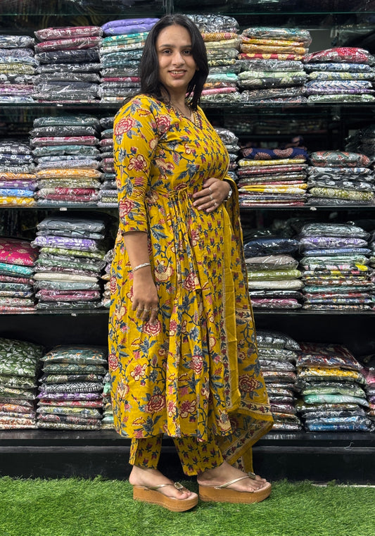 ROUND KURTI-PANT-DUPATTA (PURE CAMRIC COTTON,HALF LINING,HANDWORK)