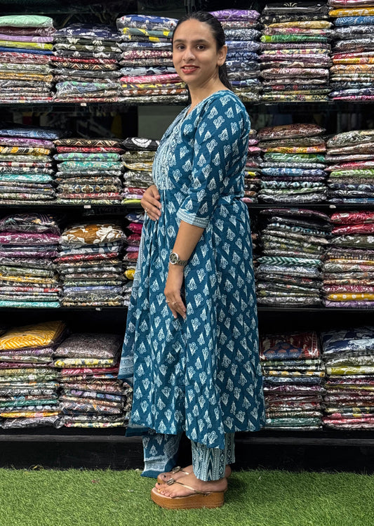 PURE COTTON HANDWORK ALINE KURTI PANT WITH DUPATTA