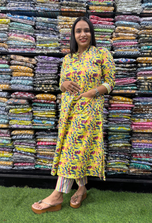 PURE COTTON VNECK ALINE KURTI WITH PANT