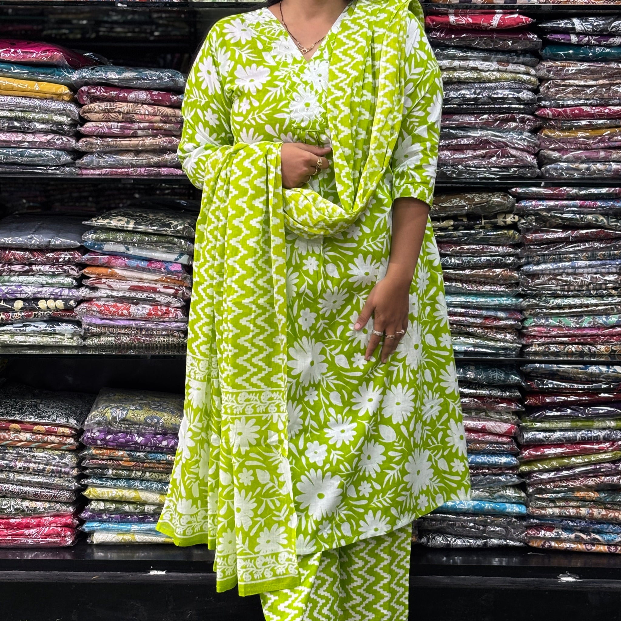 ALINE KURTI-PLAZO WITH DUPATTA (PURE CAMRIC COTTON,V-NECK WORK)