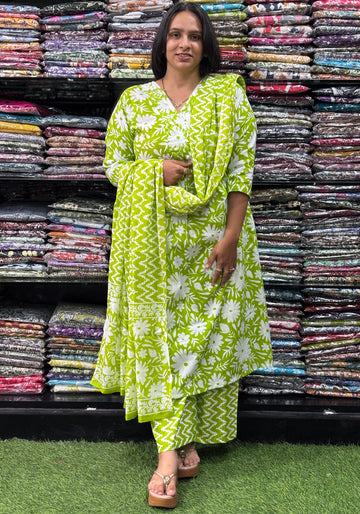 ALINE KURTI-PLAZO WITH DUPATTA (PURE CAMRIC COTTON,V-NECK WORK)