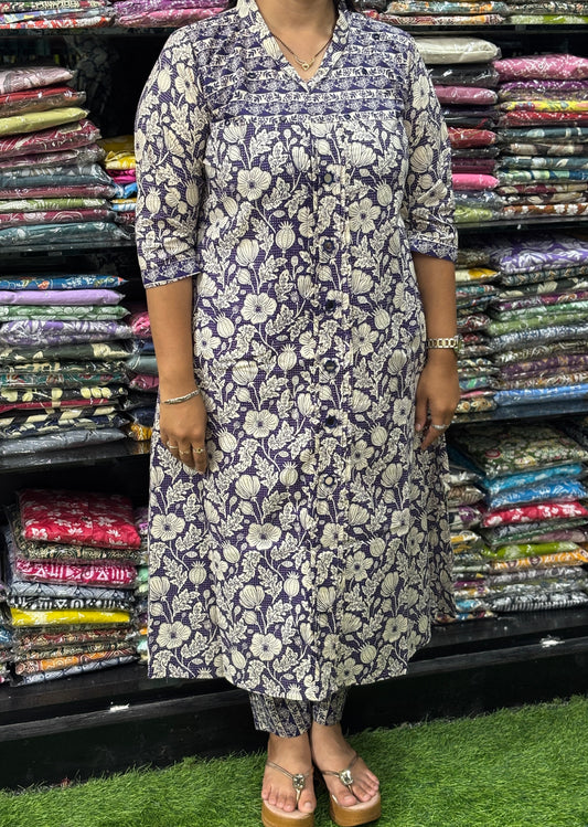 ALINE KURTI-PANT (HANDWORK)(PURE CAMRIC COTTON)