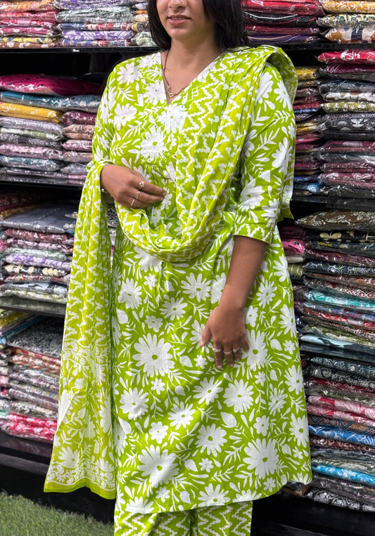 ALINE KURTI-PLAZO WITH DUPATTA (PURE CAMRIC COTTON,V-NECK WORK)