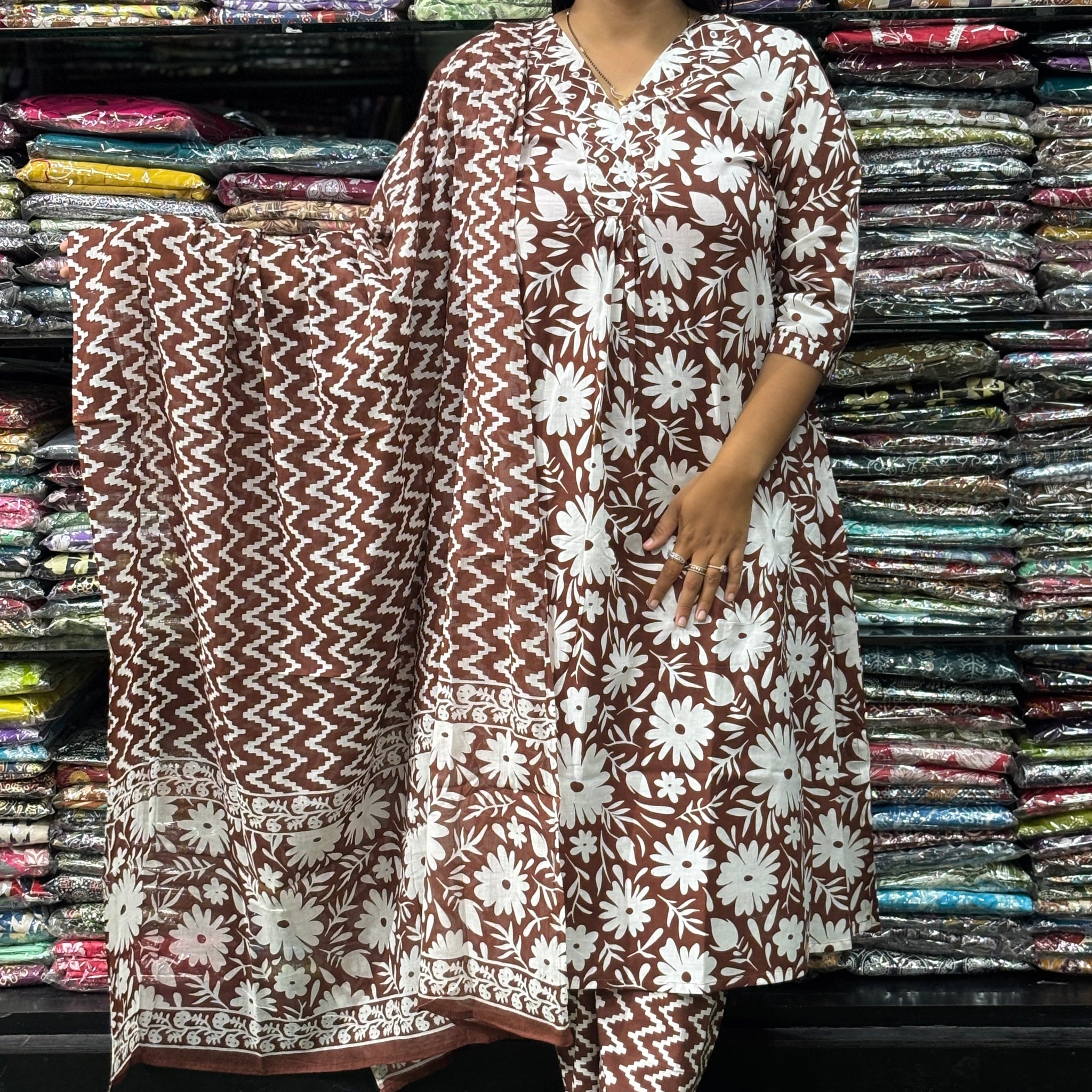 ALINE KURTI-PLAZO WITH DUPATTA (PURE CAMRIC COTTON,V-NECK WORK)