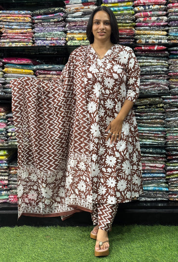 ALINE KURTI-PLAZO WITH DUPATTA (PURE CAMRIC COTTON,V-NECK WORK)