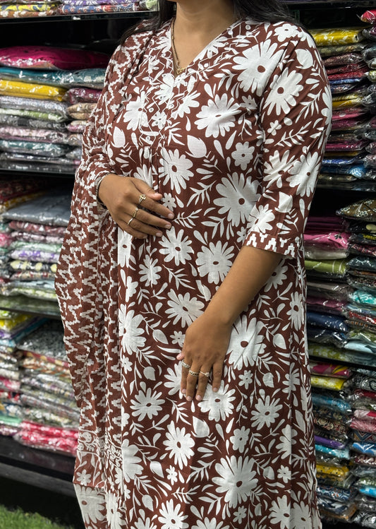 ALINE KURTI-PLAZO WITH DUPATTA (PURE CAMRIC COTTON,V-NECK WORK)