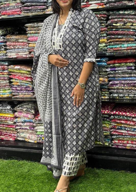 STRAIGHT KURTI WITH PANT & DUPATTA (PURE CAMRIC COTTON,COTTON LINING)