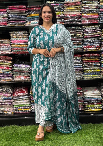 STRAIGHT KURTI WITH PLAZO & DUPATTA (PURE CAMRIC COTTON,COTTON LINING)