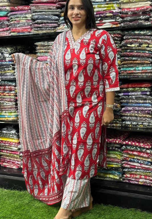 STRAIGHT KURTI WITH PLAZO & DUPATTA (PURE CAMRIC COTTON,COTTON LINING)