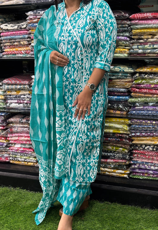 STRAIGHT ANGRAKHA  KURTI WITH PLAZO WITH DUPATTA (PURE CAMRIC COTTON)