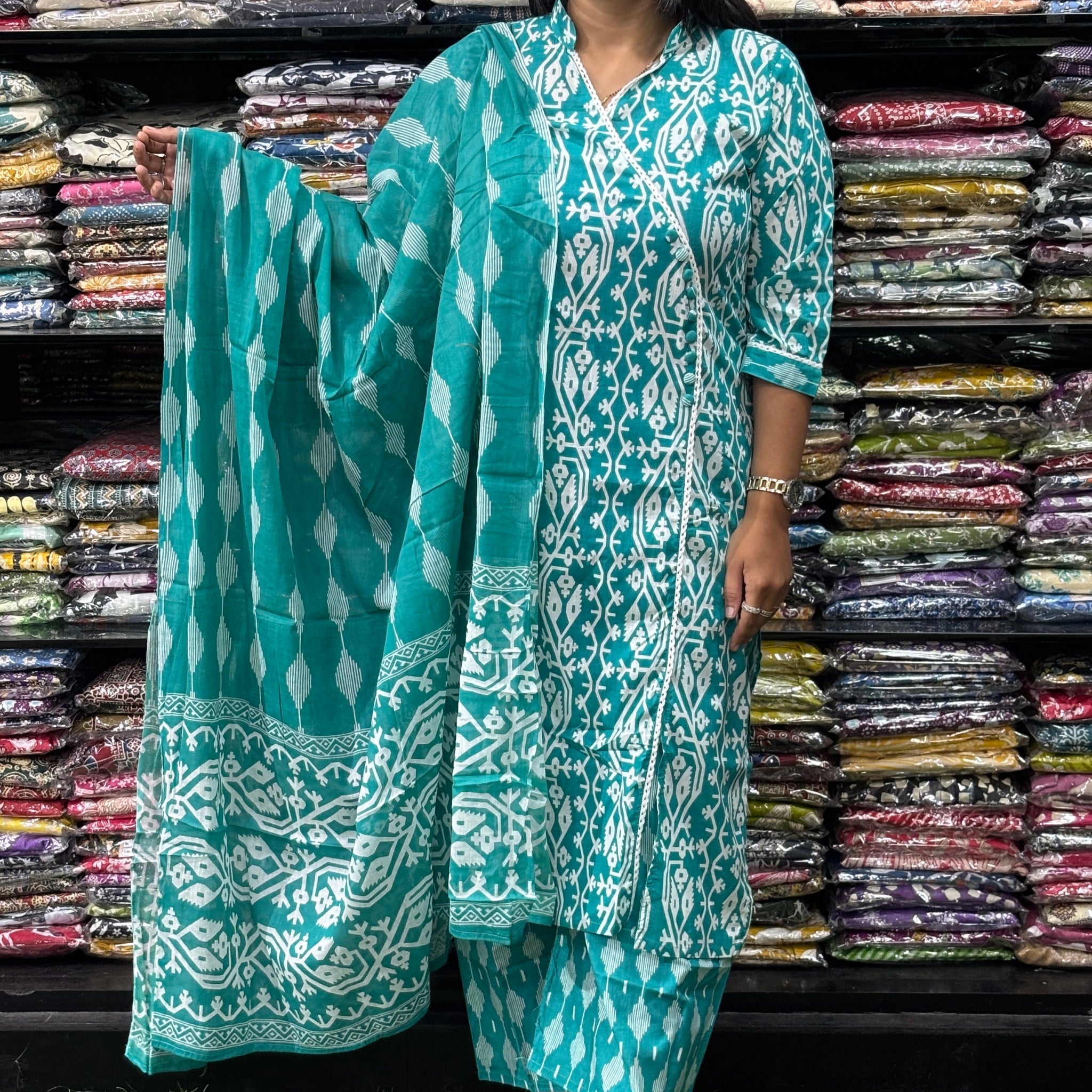 STRAIGHT ANGRAKHA  KURTI WITH PLAZO WITH DUPATTA (PURE CAMRIC COTTON)