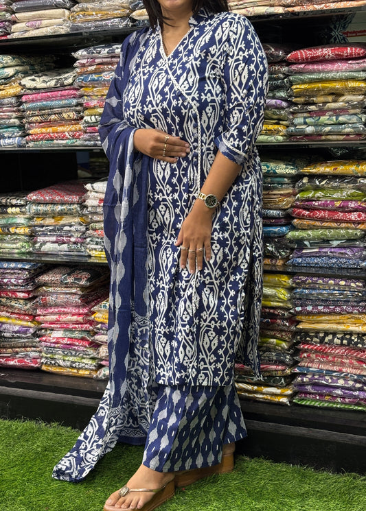 STRAIGHT ANGRAKHA  KURTI WITH PLAZO WITH DUPATTA (PURE CAMRIC COTTON)