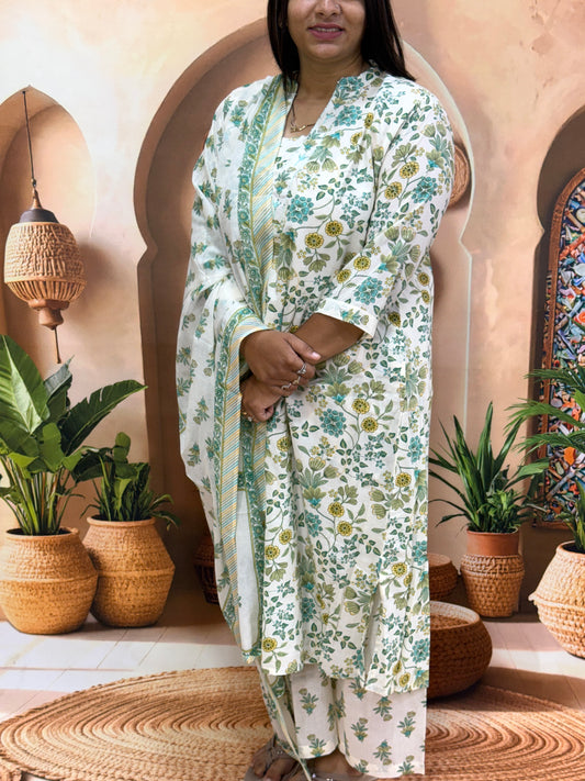 ALINE KURTI PLAZO WITH DUPATTA (PURE CAMRIC COTTON WITH WORK)