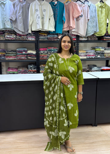 STRAIGHT KURTI PLAZO DUPATTA (PURE CAMRIC COTTON WITH WORK)