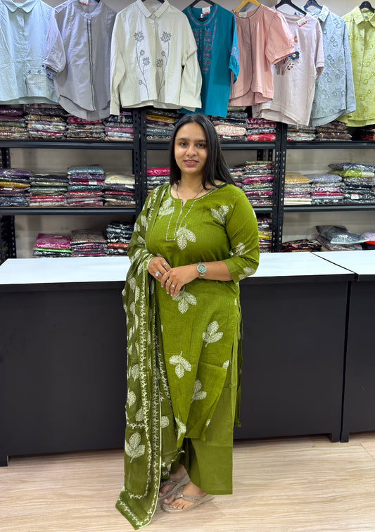 STRAIGHT KURTI PLAZO DUPATTA (PURE CAMRIC COTTON WITH WORK)