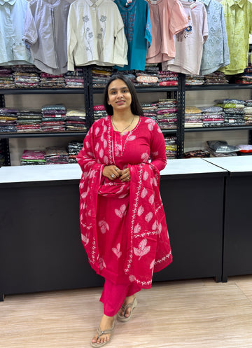 STRAIGHT KURTI PLAZO DUPATTA (PURE CAMRIC COTTON WITH WORK)