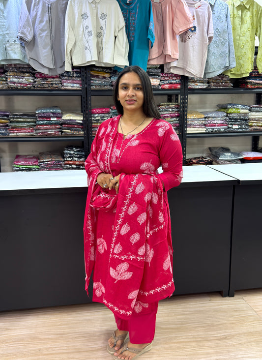 STRAIGHT KURTI PLAZO DUPATTA (PURE CAMRIC COTTON WITH WORK)