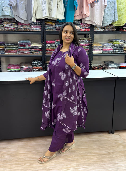 STRAIGHT KURTI PLAZO DUPATTA (PURE CAMRIC COTTON WITH WORK)
