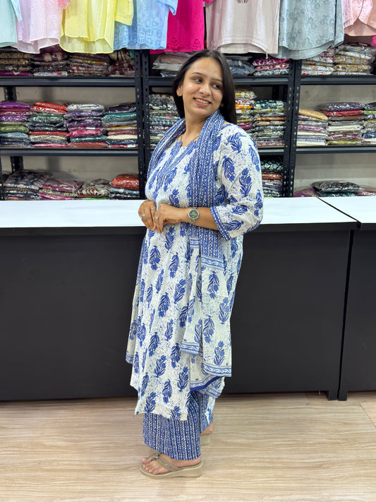 STRAIGHT KURTI PLAZO DUPATTA (PURE CAMRIC COTTON)
