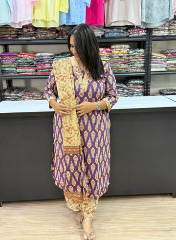STRAIGHT KURTI PLAZO DUPATTA (PURE CAMRIC COTTON)