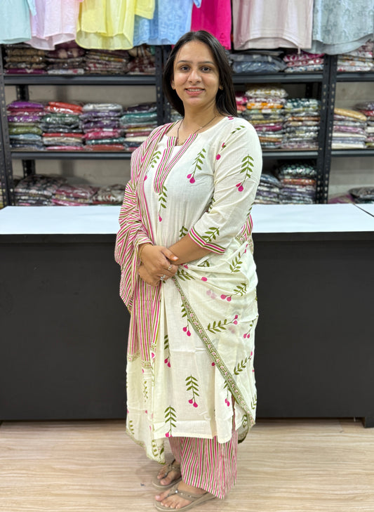STRAIGHT KURTI PLAZO DUPATTA (PURE CAMRIC COTTON)