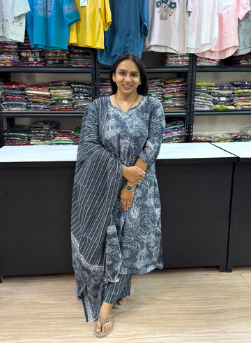 ALINE KURTI PLAZO DUPATTA (PURE CAMRIC COTTON)