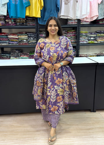 ALINE KURTI PLAZO DUPATTA (PURE CAMRIC COTTON)