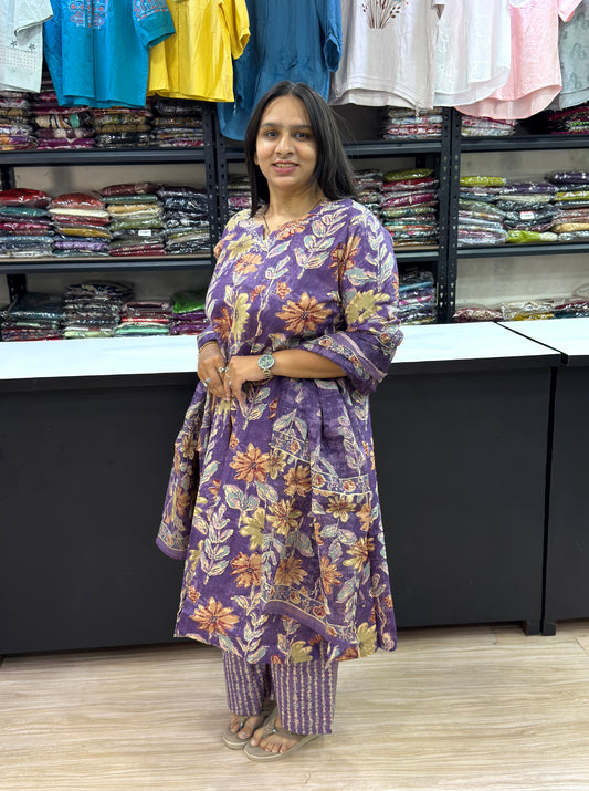 ALINE KURTI PLAZO DUPATTA (PURE CAMRIC COTTON)