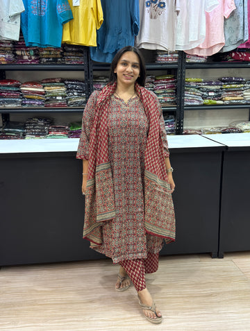 ALINE KURTI PLAZO DUPATTA (PURE CAMRIC COTTON)