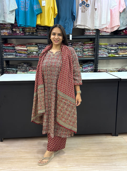 ALINE KURTI PLAZO DUPATTA (PURE CAMRIC COTTON)