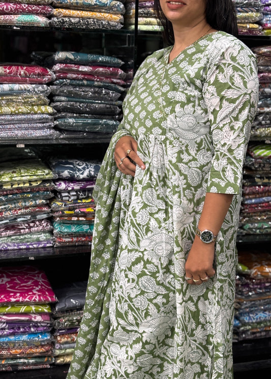 ROUND KURTI PANT-DUPATTA (PURE CAMRIC COTTON,HANDWORK)